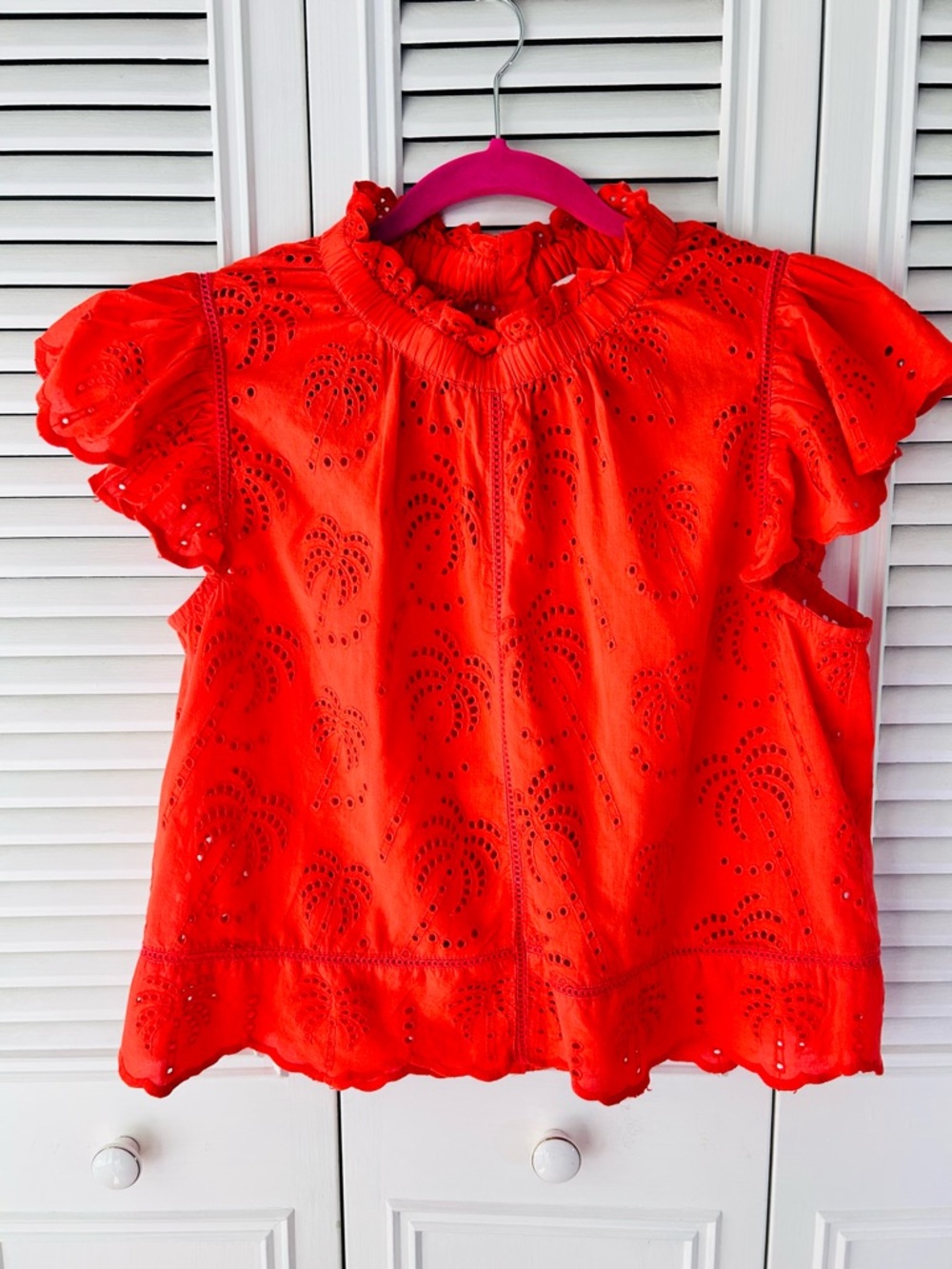 Women’s Bright Red Eyelet Ruffle Sleeve Blouse